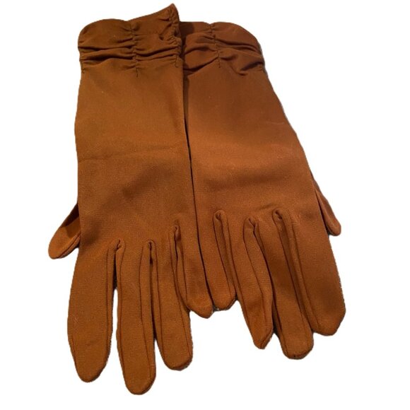Vintage ~ Brown Ruched Formal Gloves ~ 12 1/4" Top of Cuff to Fingertips ~ Nylon - Picture 1 of 3